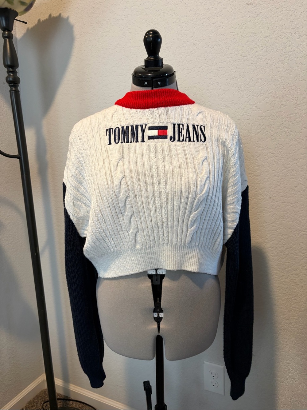 Tommy Hilfiger Cropped Cable-Knit Sweater in White, Navy & Red